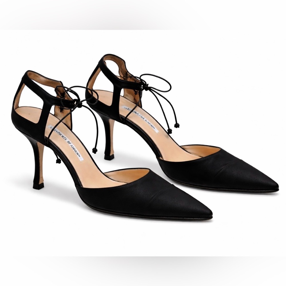 Manolo Blahnik Zaman 70 Black satin Ankle Tie Pumps – 39.5 • Dust Bag - Picture 1 of 11